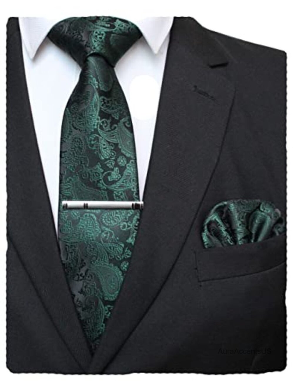 Men's Solid Paisley Necktie with Pocket Square & Tie Clip Set, Silk Blend, 59